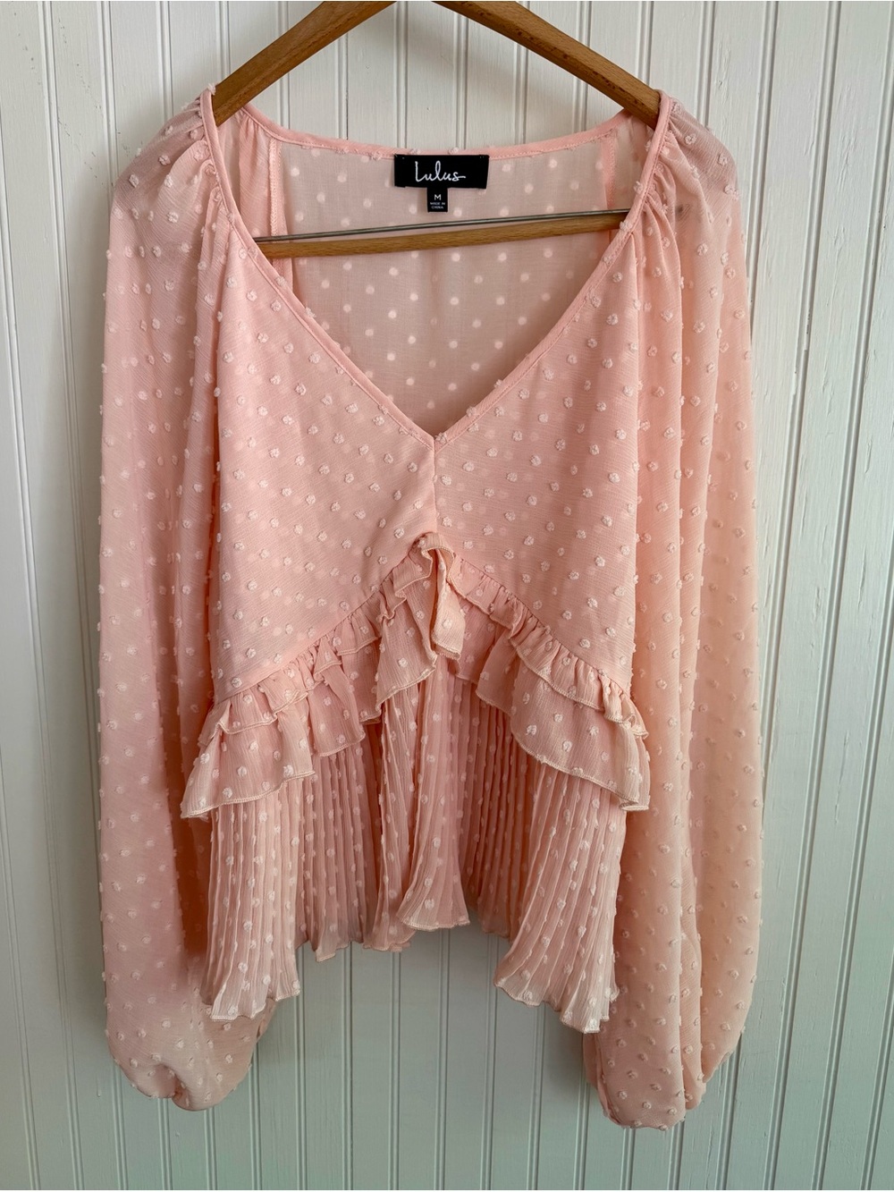Lulu's Pink Swiss Dot Ruffle V-Neck Blouse Size M